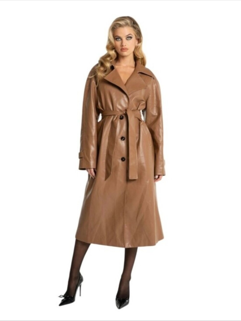 Ava & Viv Tan Faux-Leather Trench Coat with Tie Belt